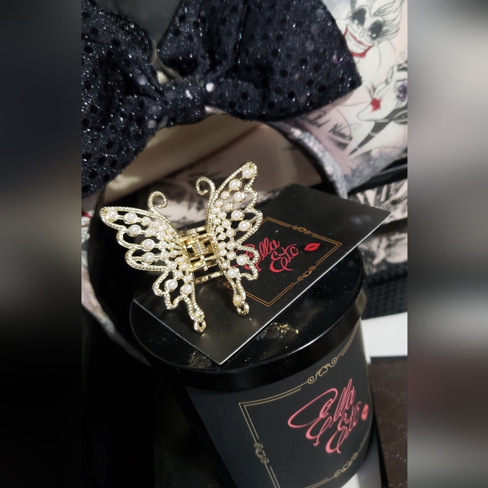 1 Butterfly Hair Clip Fancy Gold Diamond Pearl Accent Hairstyle
